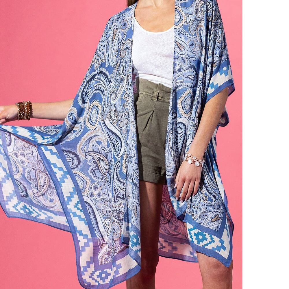 Royal Paisley Viscose Kimono | Blue Western-Inspired Layer